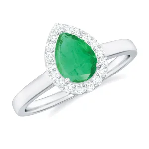1 CT Emerald Teardrop Engagement Ring with Diamond Halo