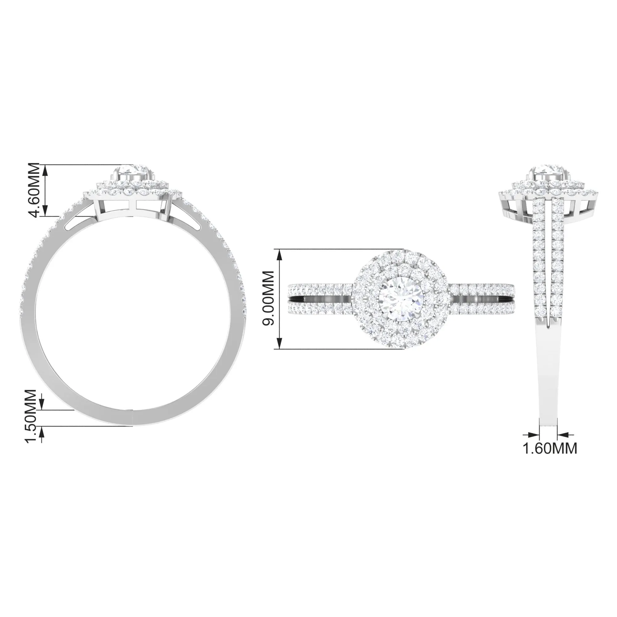 1 CT Zircon Engagement Ring with Double Halo and Side Stones