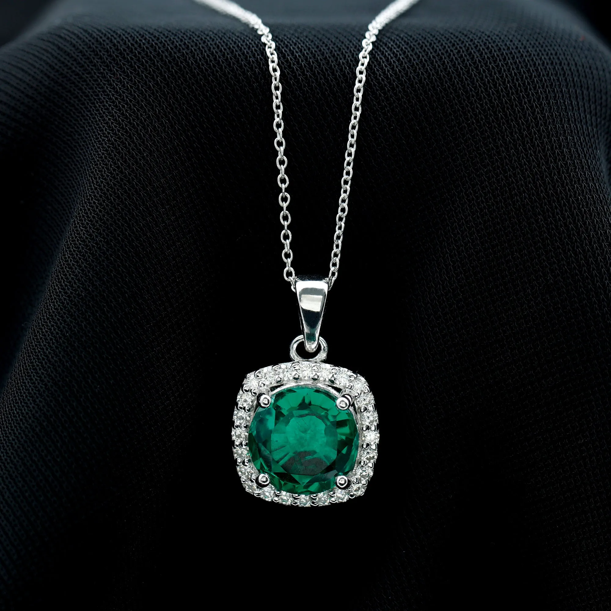 10 MM Classic Solitaire Created Emerald and Moissanite Halo Pendant Necklace