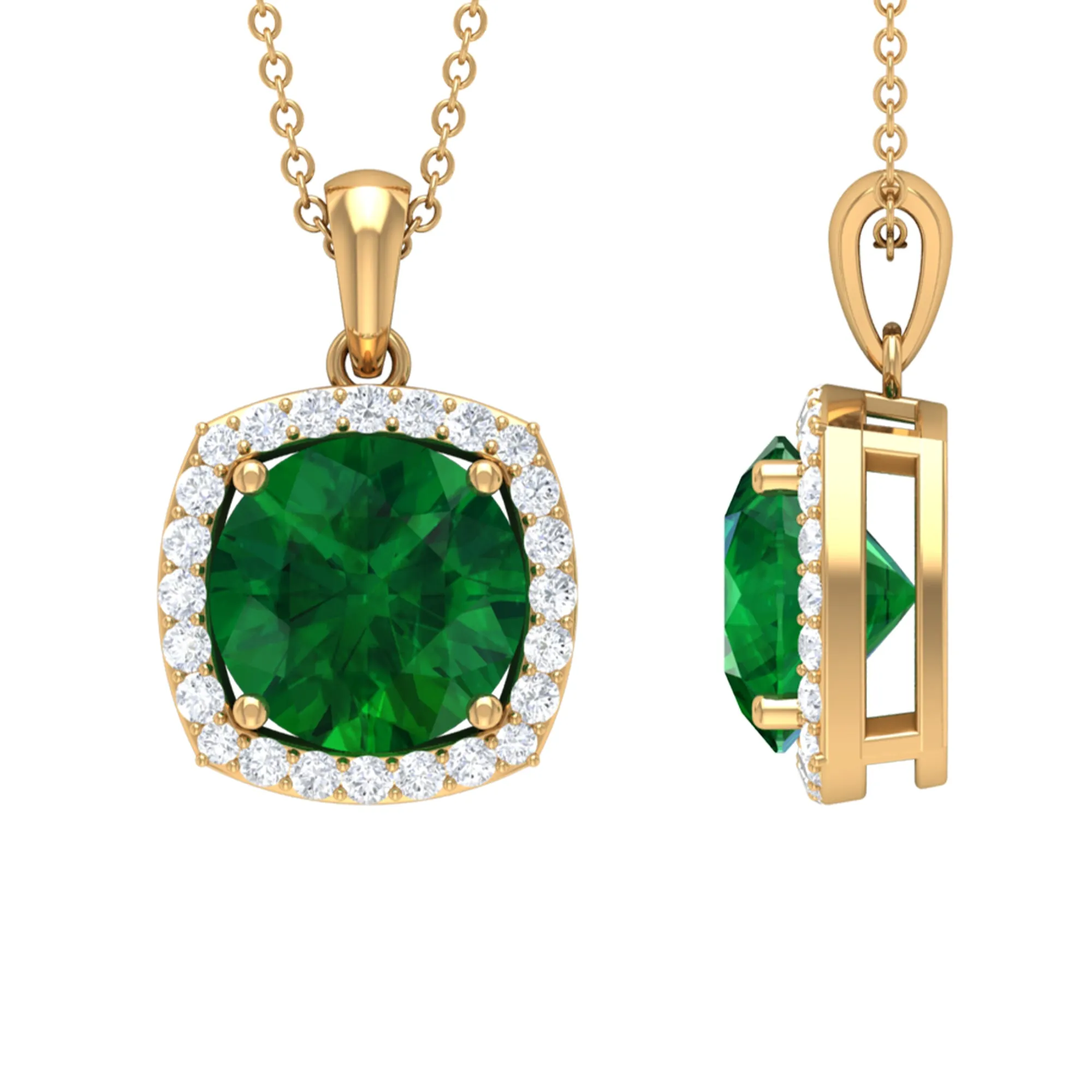 10 MM Classic Solitaire Created Emerald and Moissanite Halo Pendant Necklace