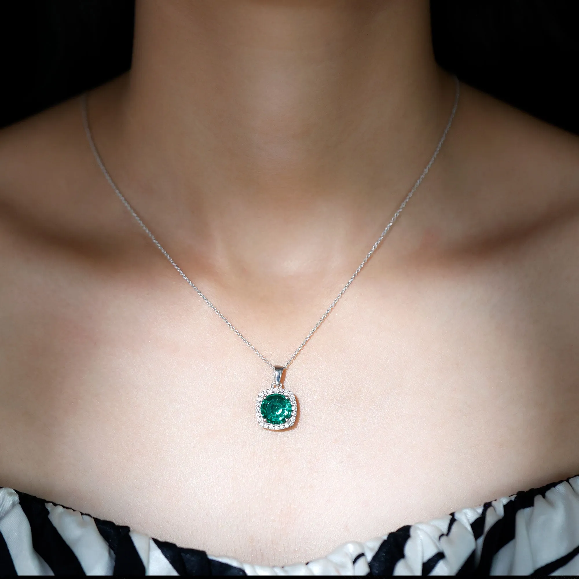 10 MM Classic Solitaire Created Emerald and Moissanite Halo Pendant Necklace