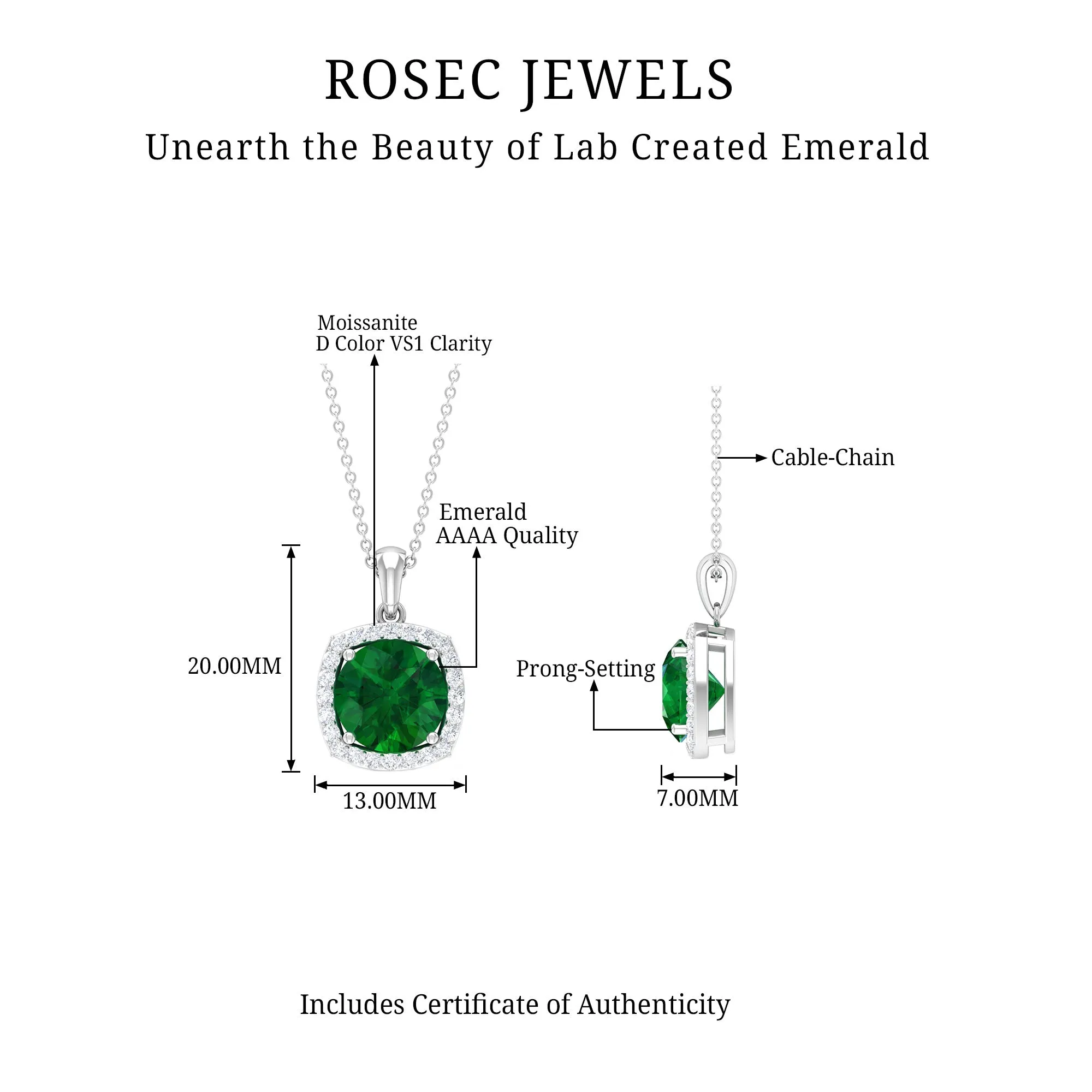 10 MM Classic Solitaire Created Emerald and Moissanite Halo Pendant Necklace