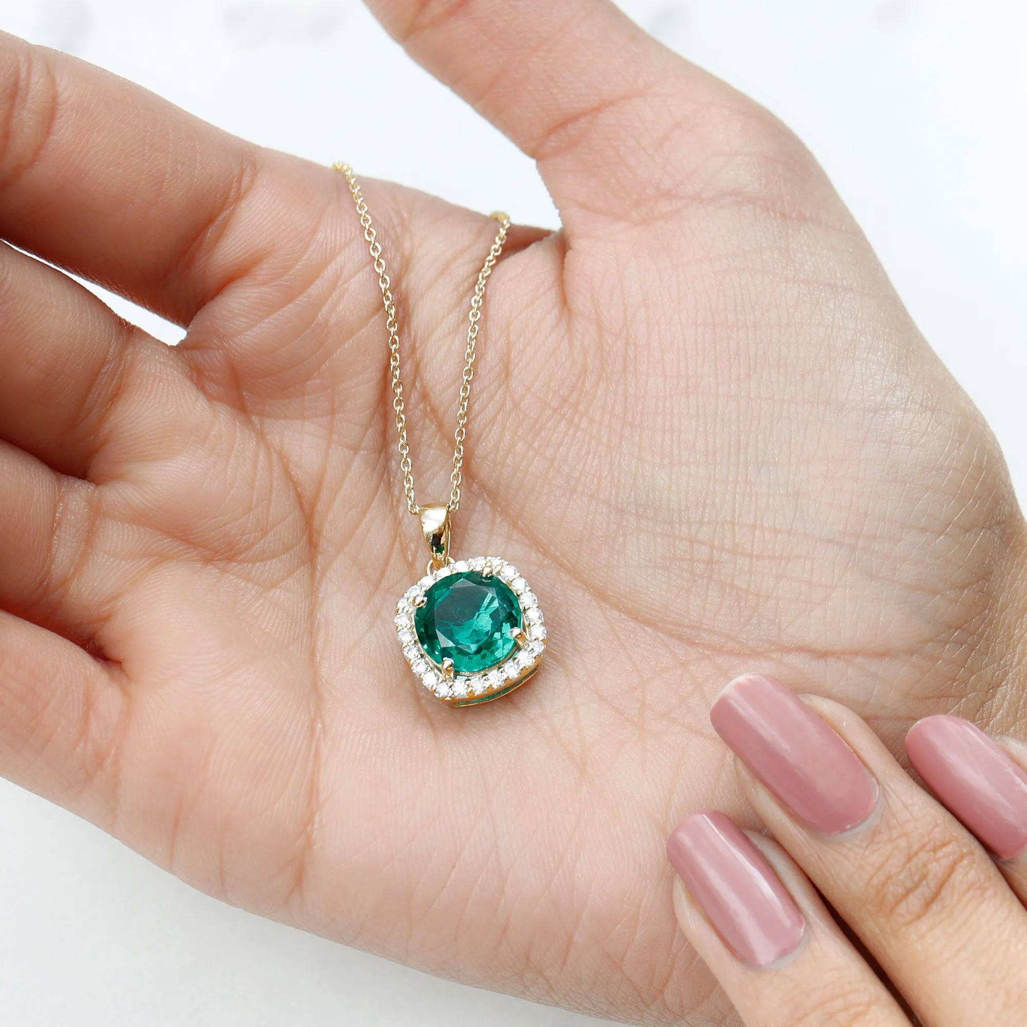 10 MM Classic Solitaire Created Emerald and Moissanite Halo Pendant Necklace