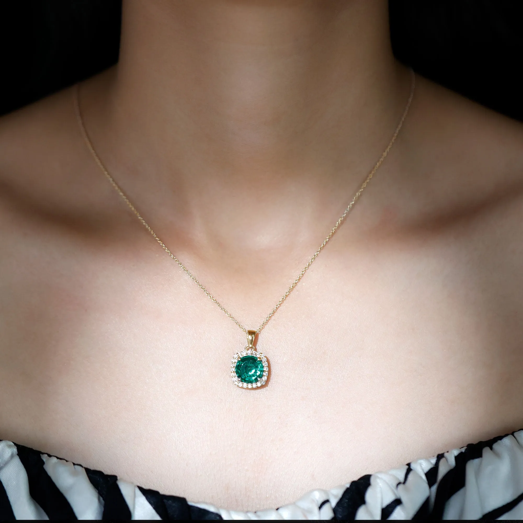 10 MM Classic Solitaire Created Emerald and Moissanite Halo Pendant Necklace