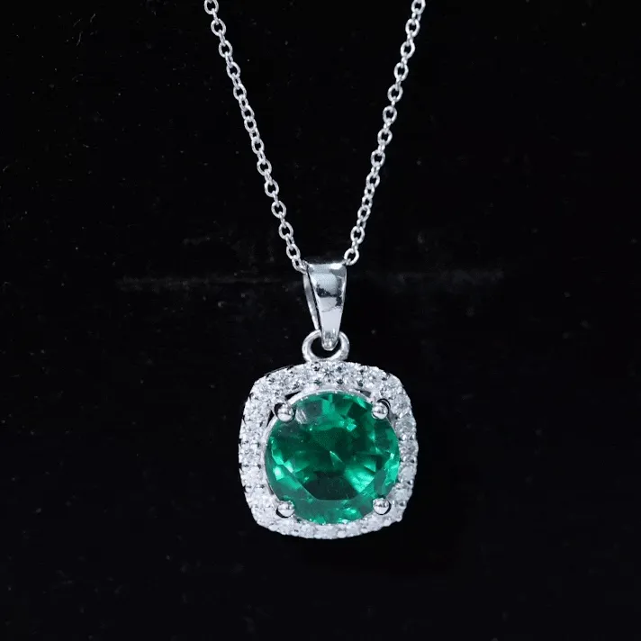 10 MM Classic Solitaire Created Emerald and Moissanite Halo Pendant Necklace