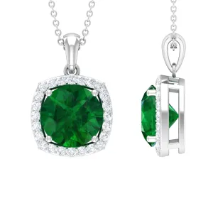 10 MM Classic Solitaire Created Emerald and Moissanite Halo Pendant Necklace