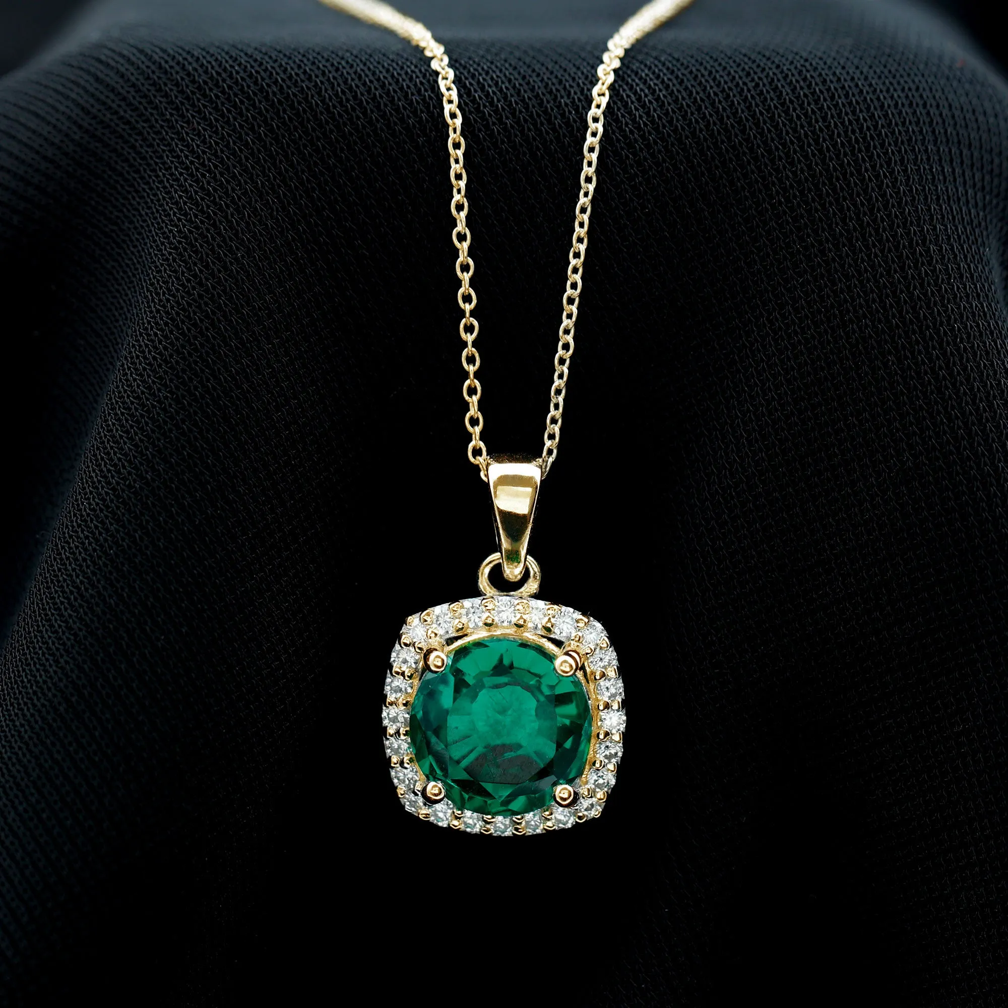 10 MM Classic Solitaire Created Emerald and Moissanite Halo Pendant Necklace