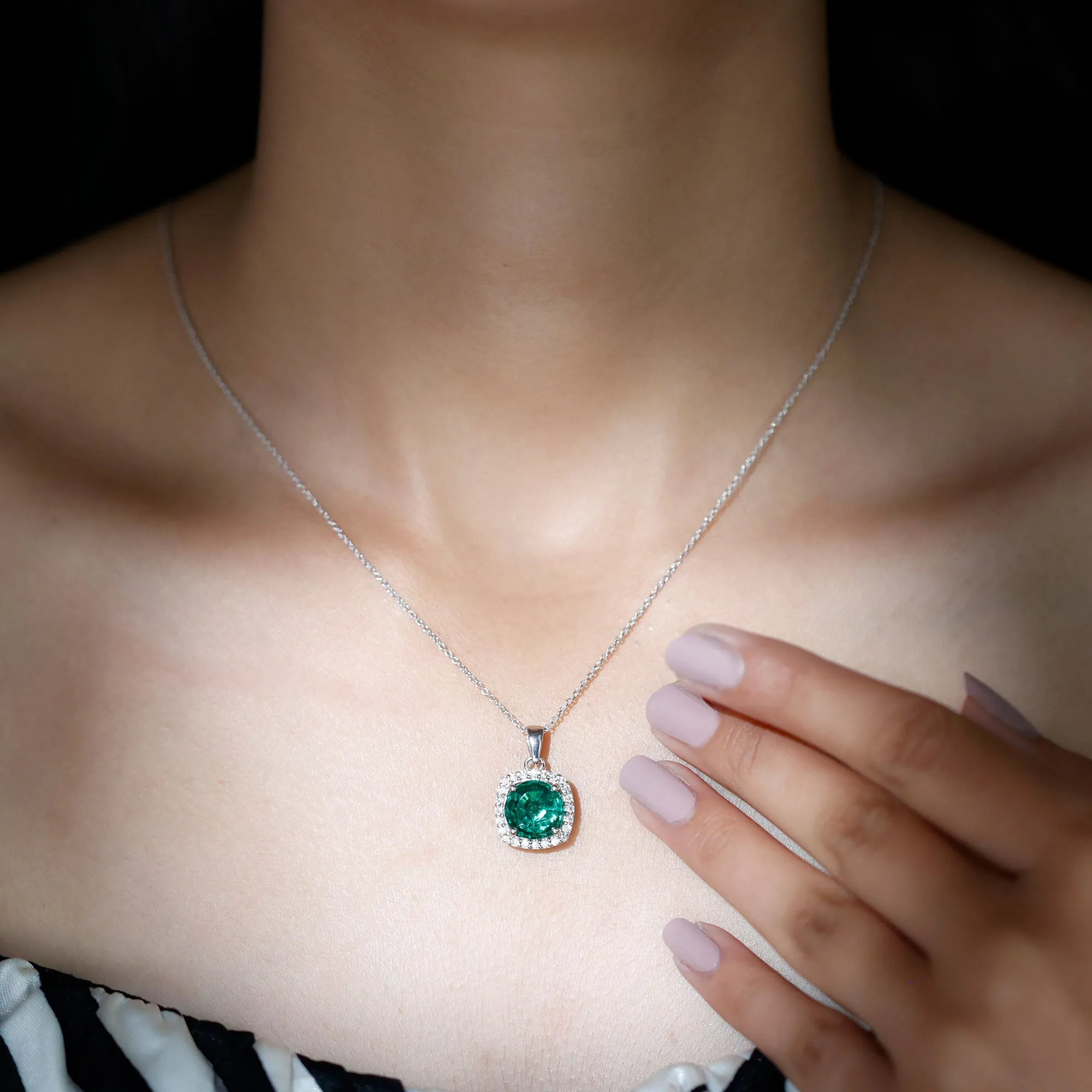 10 MM Classic Solitaire Created Emerald and Moissanite Halo Pendant Necklace