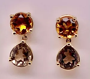 10K Citrine & Smokey Quartz Earrings