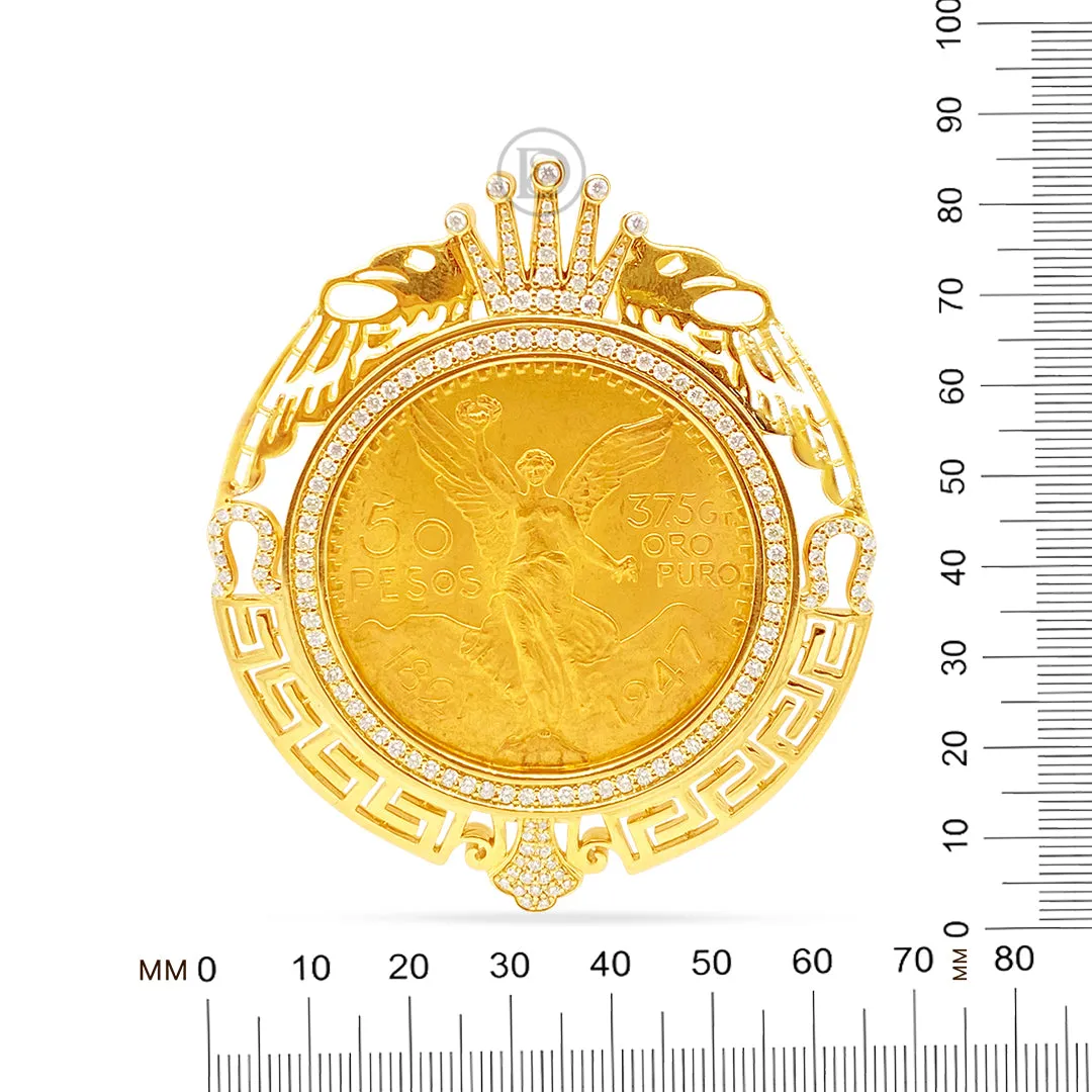 10K Yellow Gold Centenario 50 Pesos Coin Diamond Pendant with Crown and Greek Key