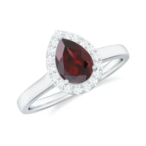 1.25 CT Pear Shape Garnet Ring with Diamond Halo