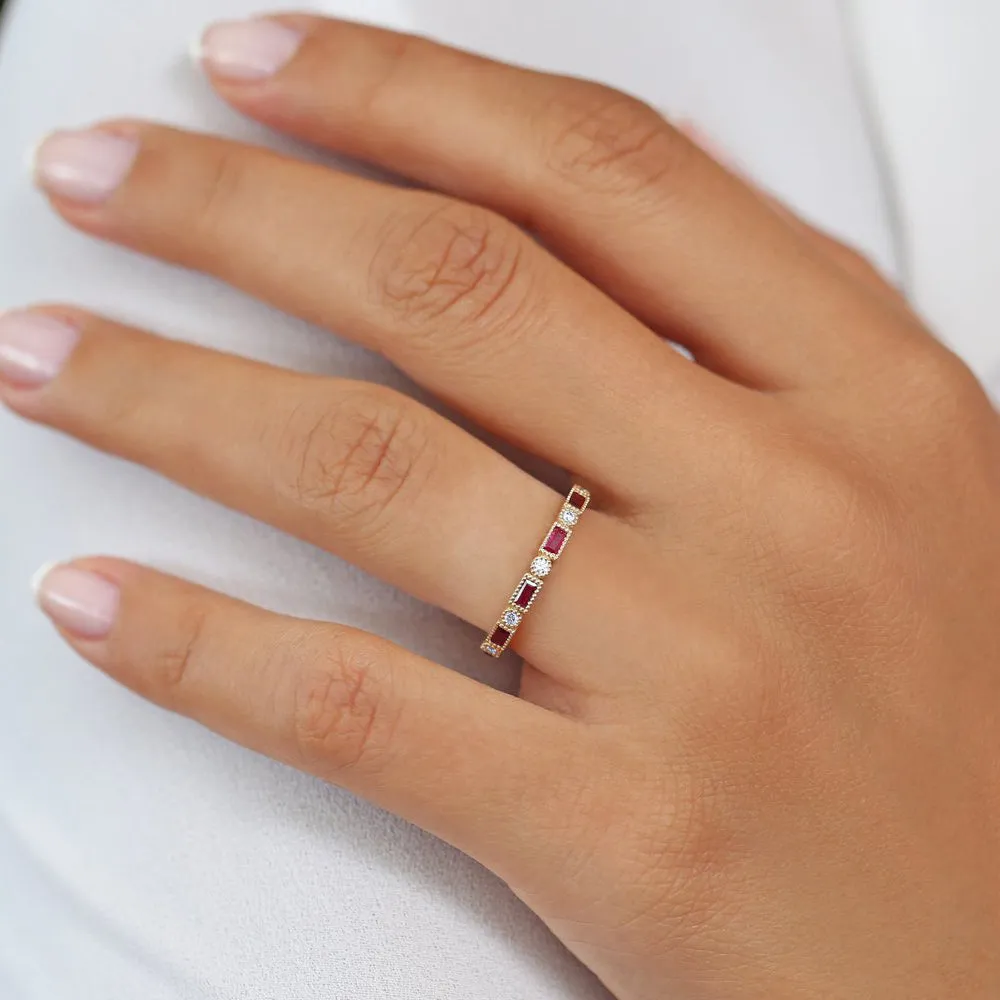 14k Baguette Ruby and Diamond Ring
