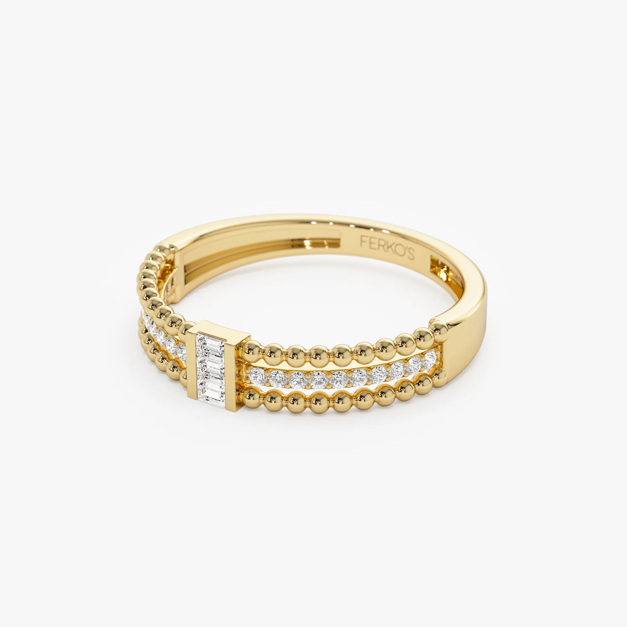 14k Beaded Baguette and Round Diamond Ring