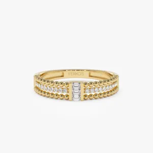 14k Beaded Baguette and Round Diamond Ring