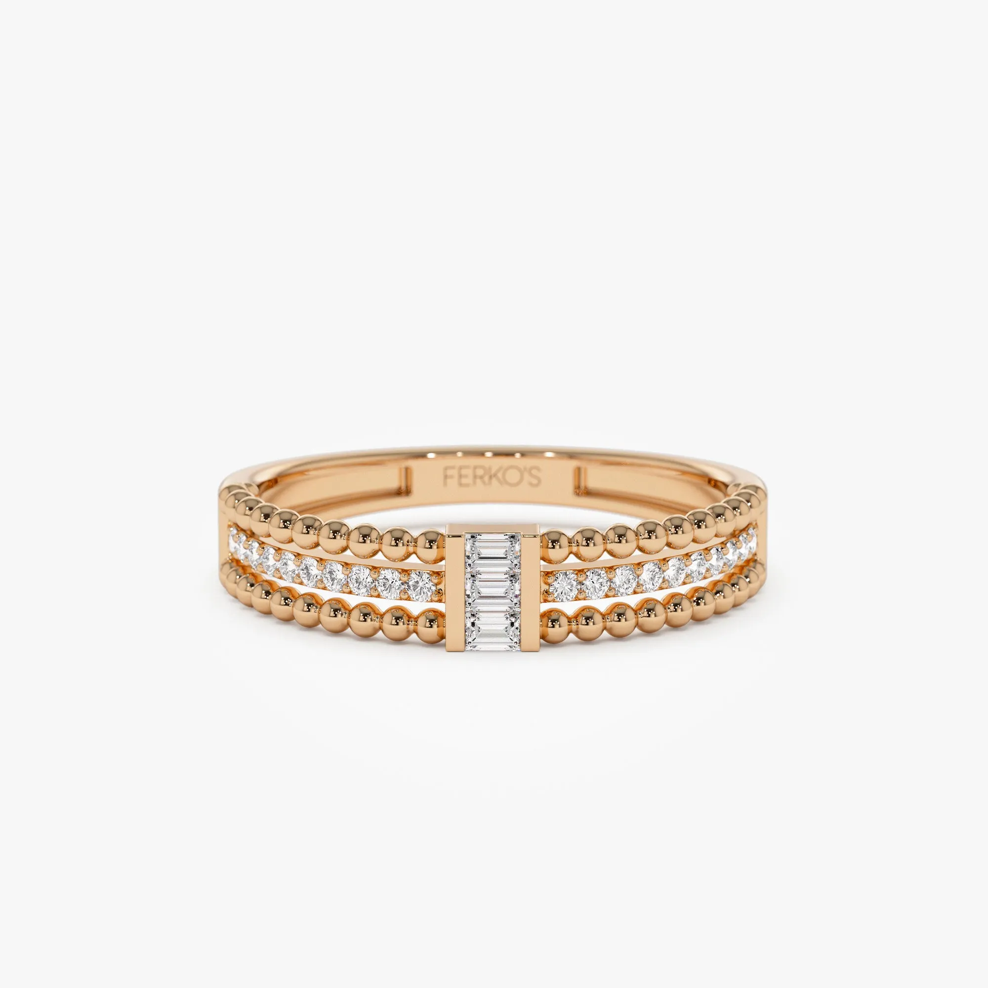 14k Beaded Baguette and Round Diamond Ring