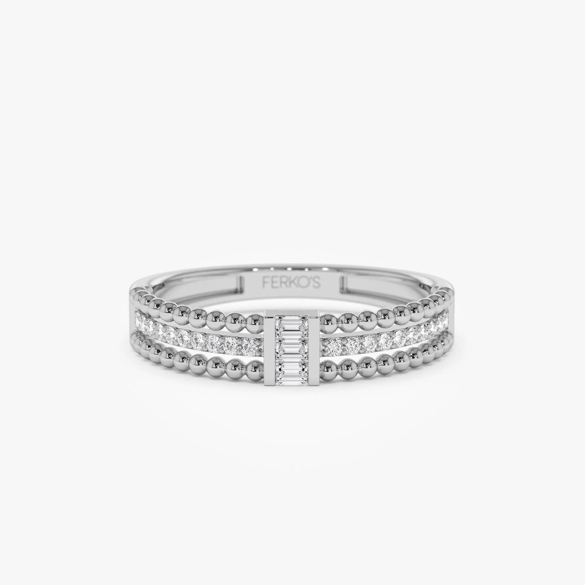 14k Beaded Baguette and Round Diamond Ring