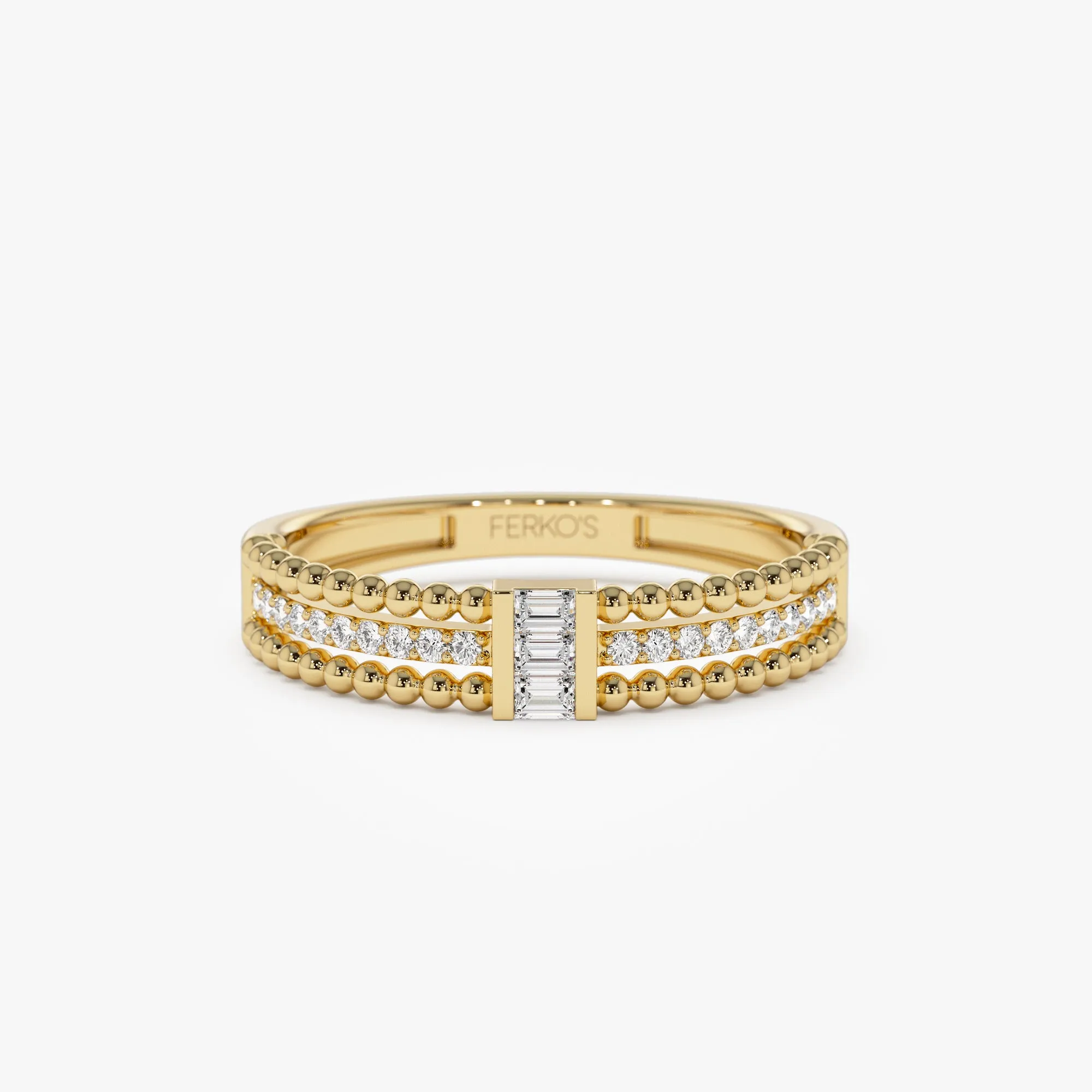 14k Beaded Baguette and Round Diamond Ring