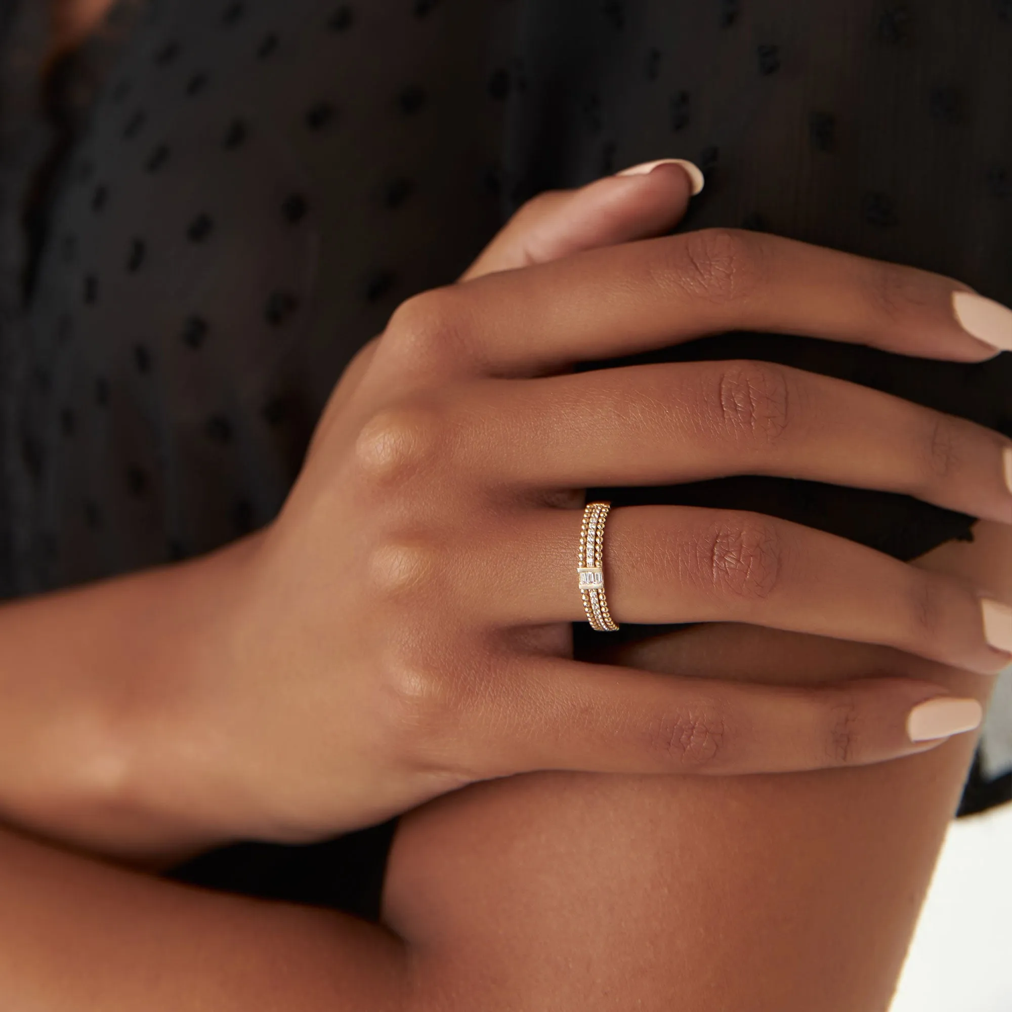 14k Beaded Baguette and Round Diamond Ring