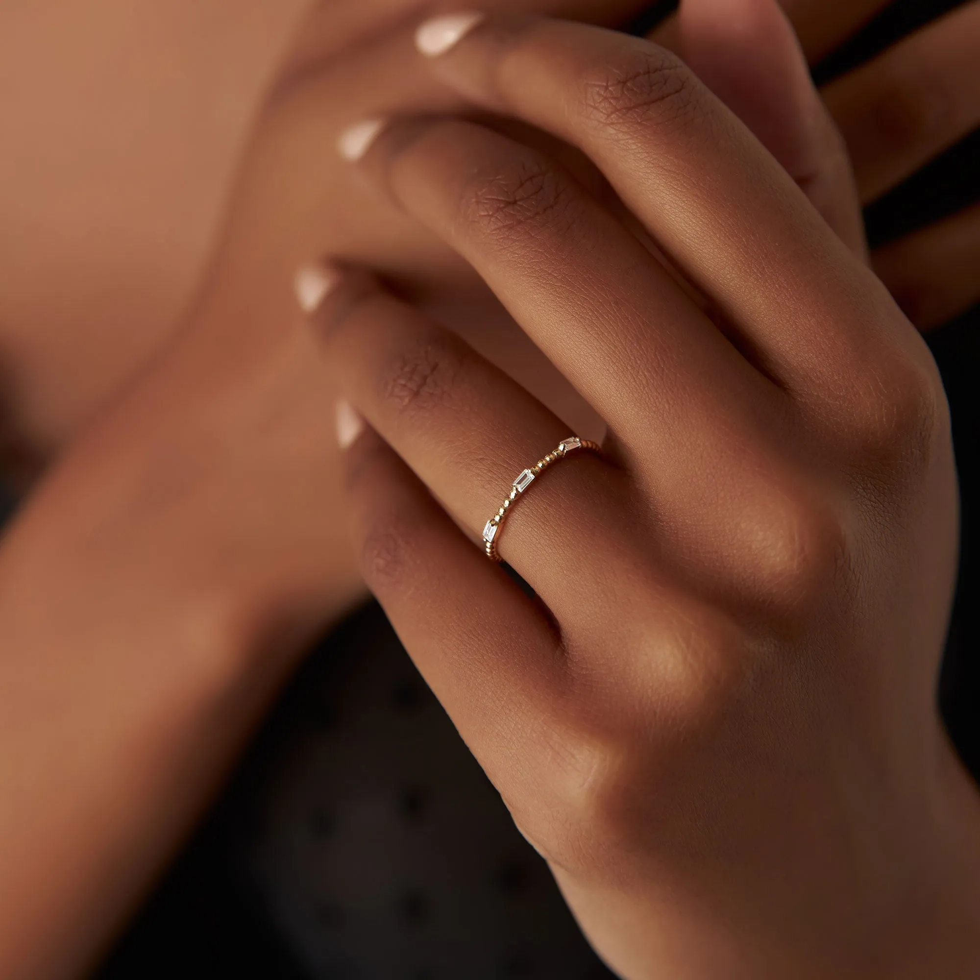 14K Minimalist Beaded Baguette Diamond Ring