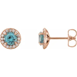 14K Rose 5 mm Natural Blue Zircon & 1/8 CTW Natural Diamond Earrings