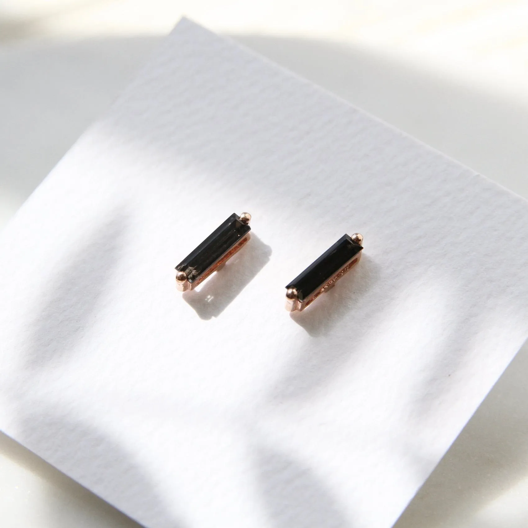 14k Rose Gold Black Night Quartz Baguettes Post Earring
