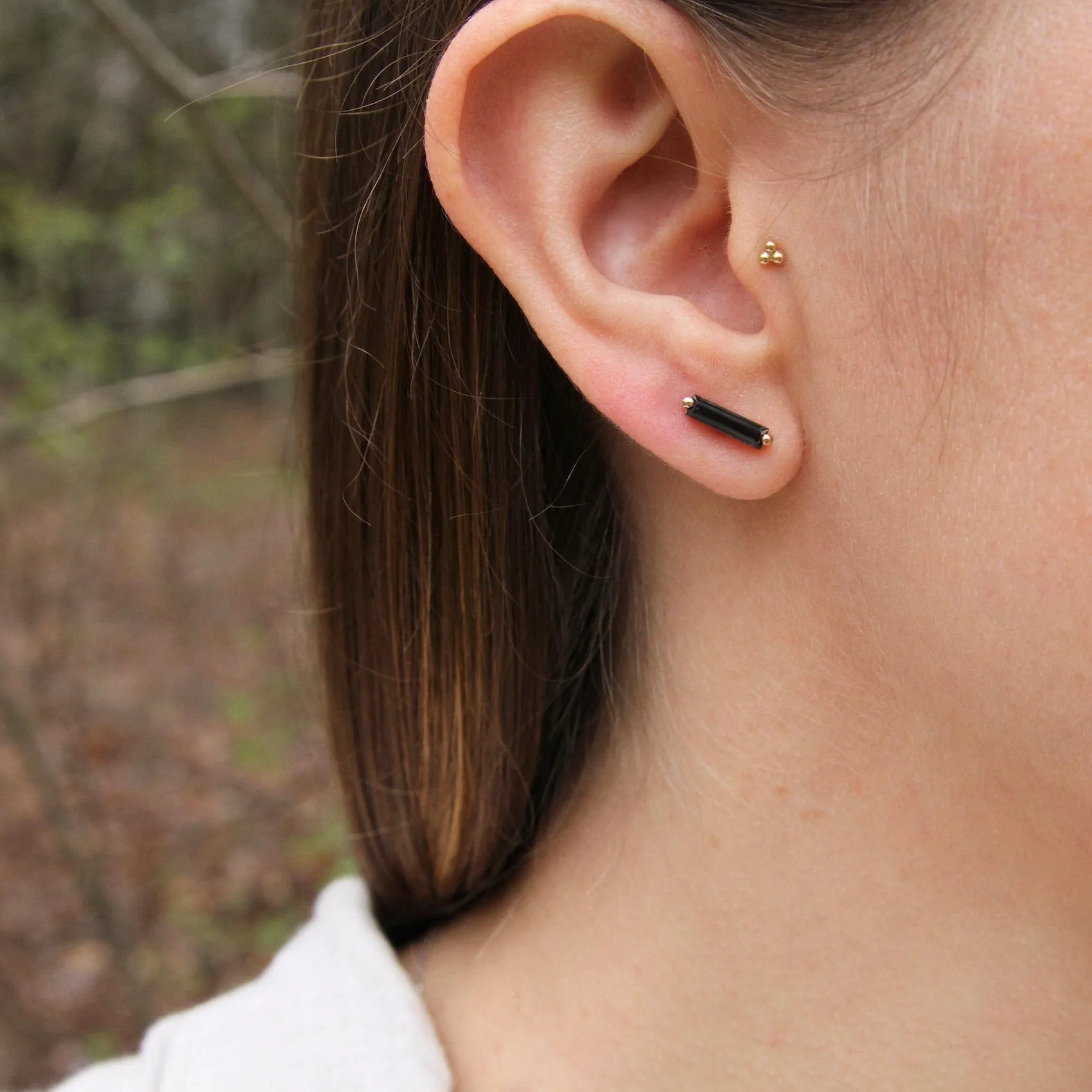 14k Rose Gold Black Night Quartz Baguettes Post Earring