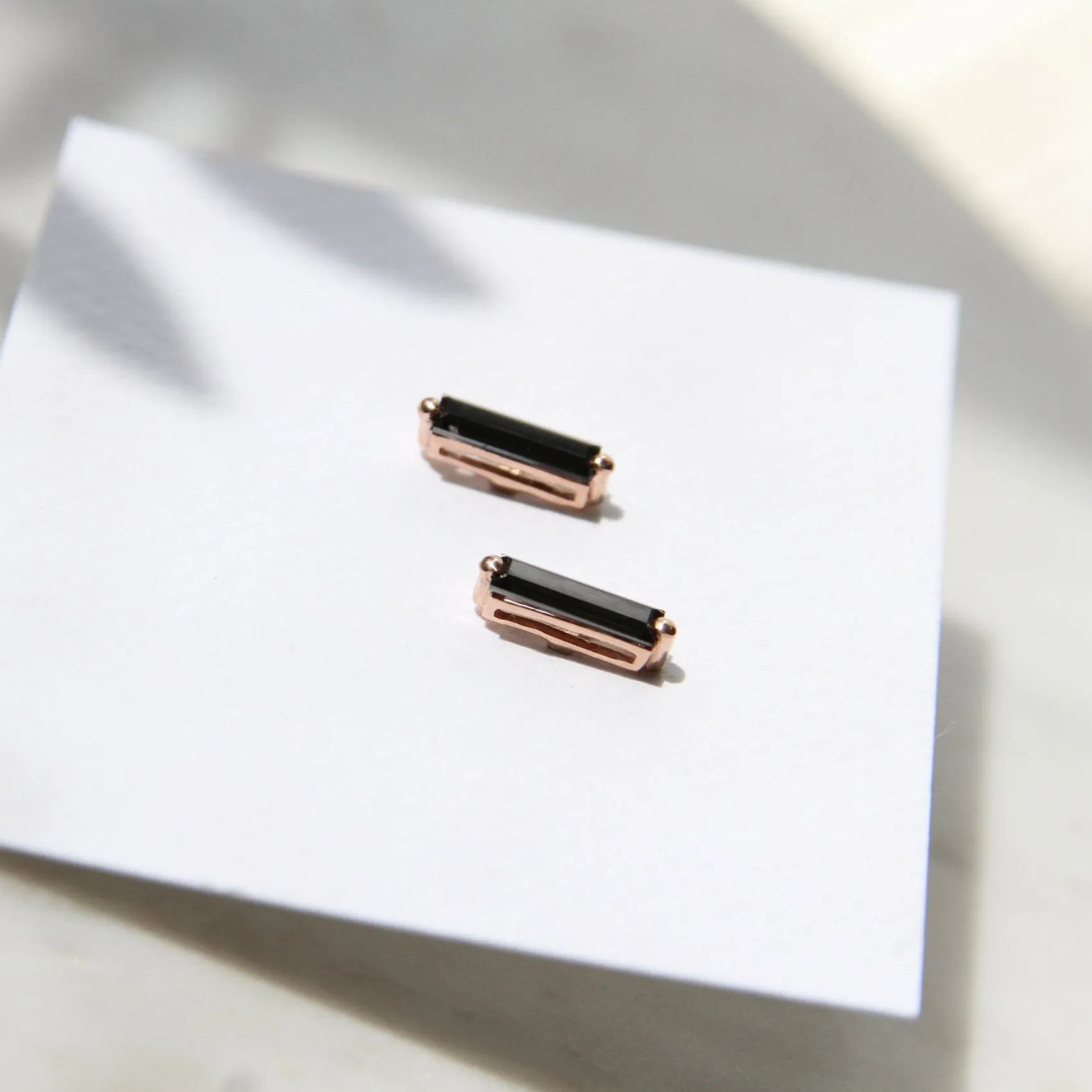 14k Rose Gold Black Night Quartz Baguettes Post Earring