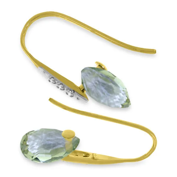 14K Solid Yellow Gold Fish Hook Earrings w/ Diamonds & Dangling Briolette Green Amethyst