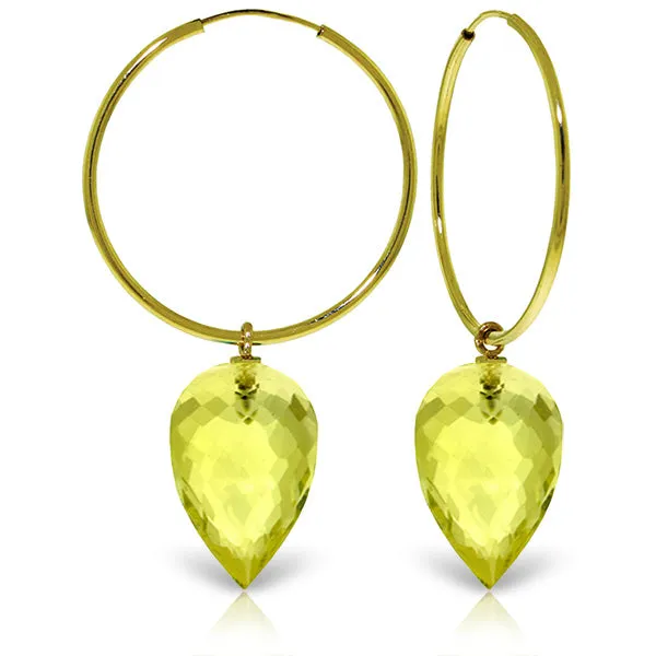 14K Solid Yellow Gold Hoop Earrings w/ Pointy Briolette Drop Lemon Quartz