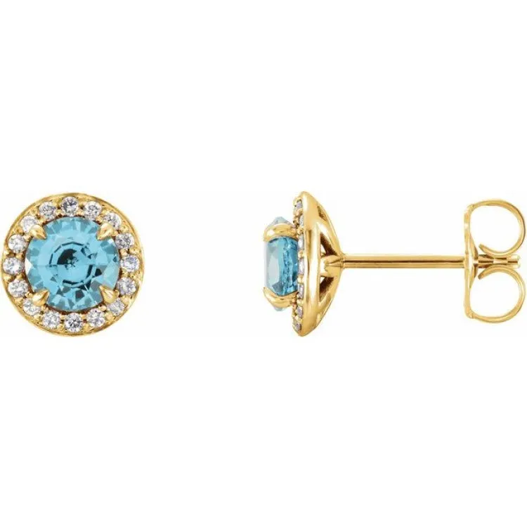 14K Yellow 4 mm Natural Blue Zircon & 1/10 CTW Natural Diamond Earrings