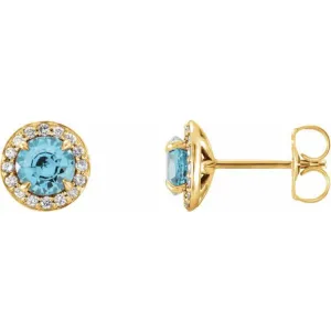 14K Yellow 4 mm Natural Blue Zircon & 1/10 CTW Natural Diamond Earrings