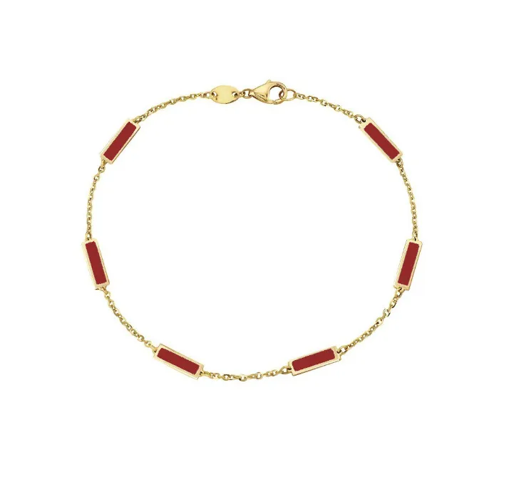 14k Yellow Gold Rectangle Coral Station Bracelet (I8078)