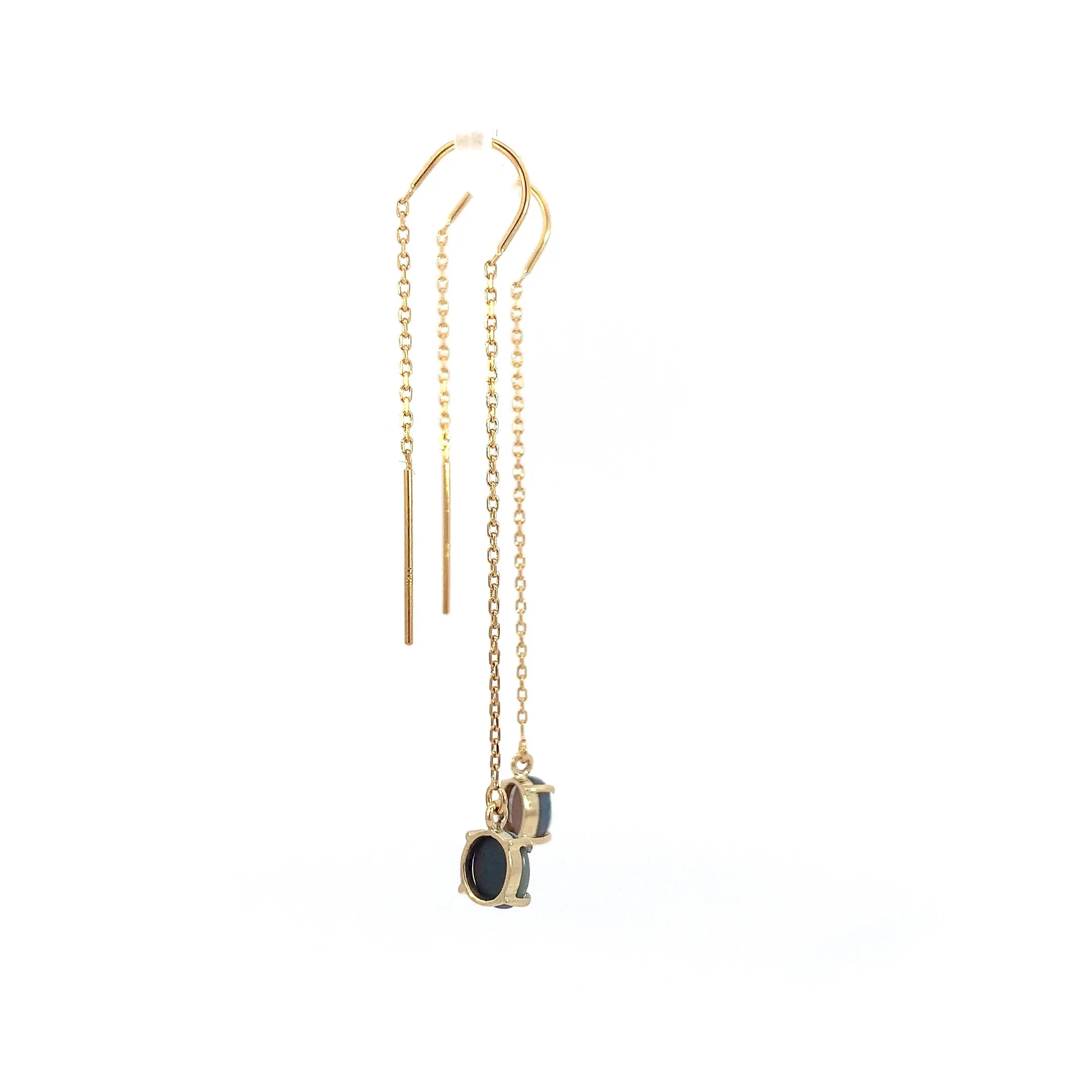14kt Yellow Gold chain dangling earring with Black Opals 0.9ct