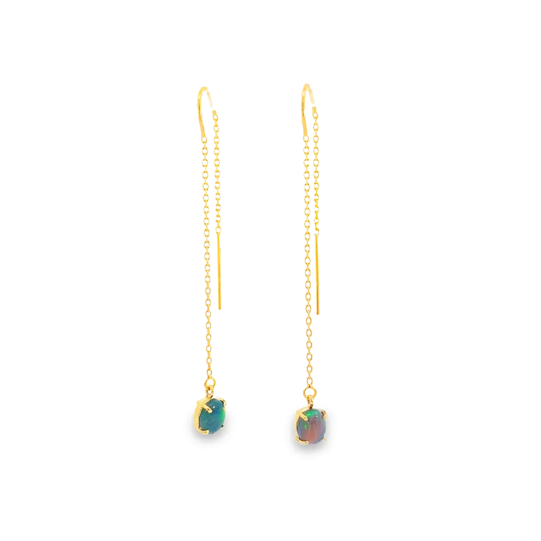 14kt Yellow Gold chain dangling earring with Black Opals 0.9ct