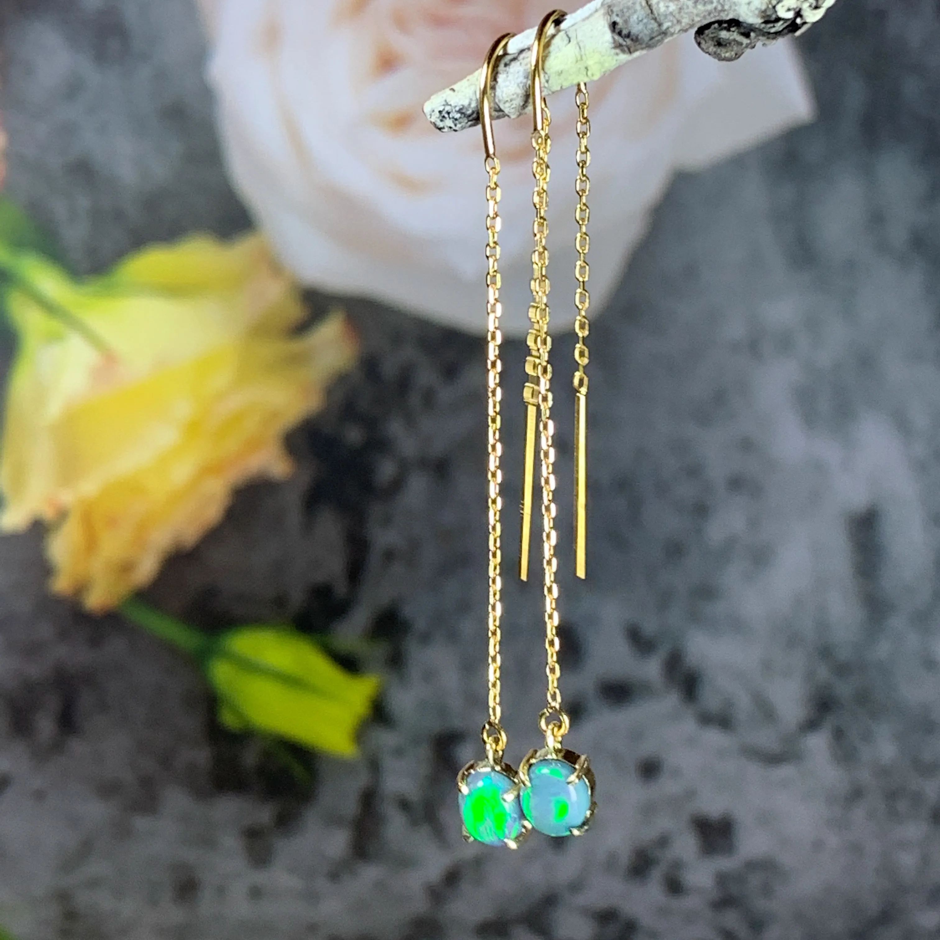 14kt Yellow Gold chain dangling earring with Black Opals 0.9ct