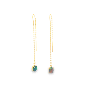 14kt Yellow Gold chain dangling earring with Black Opals 0.9ct