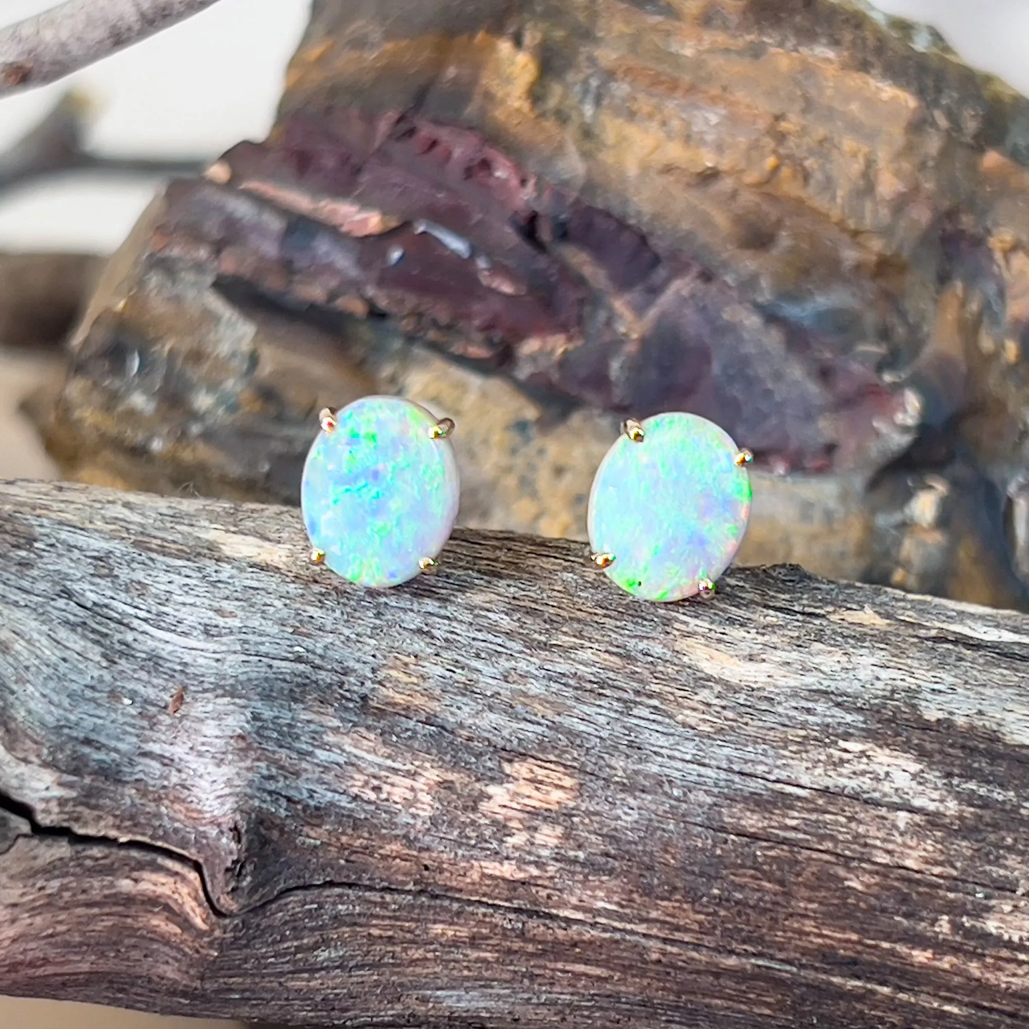 14kt Yellow Gold pair of black opal 2.53ct claw set earrings