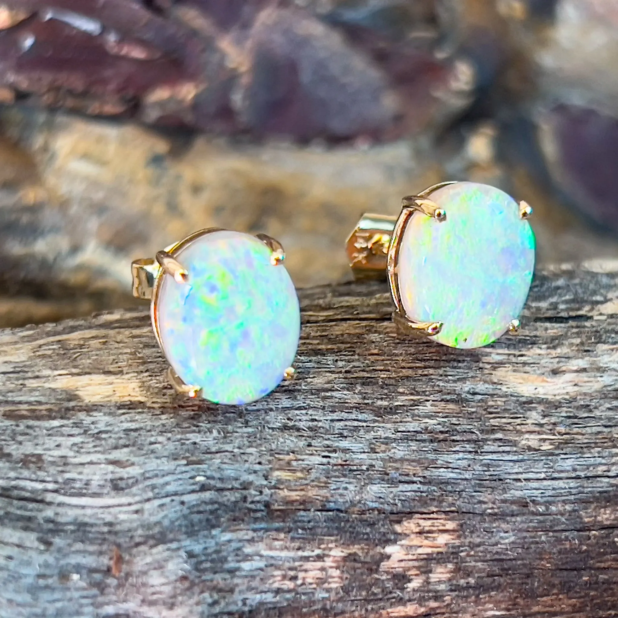 14kt Yellow Gold pair of black opal 2.53ct claw set earrings