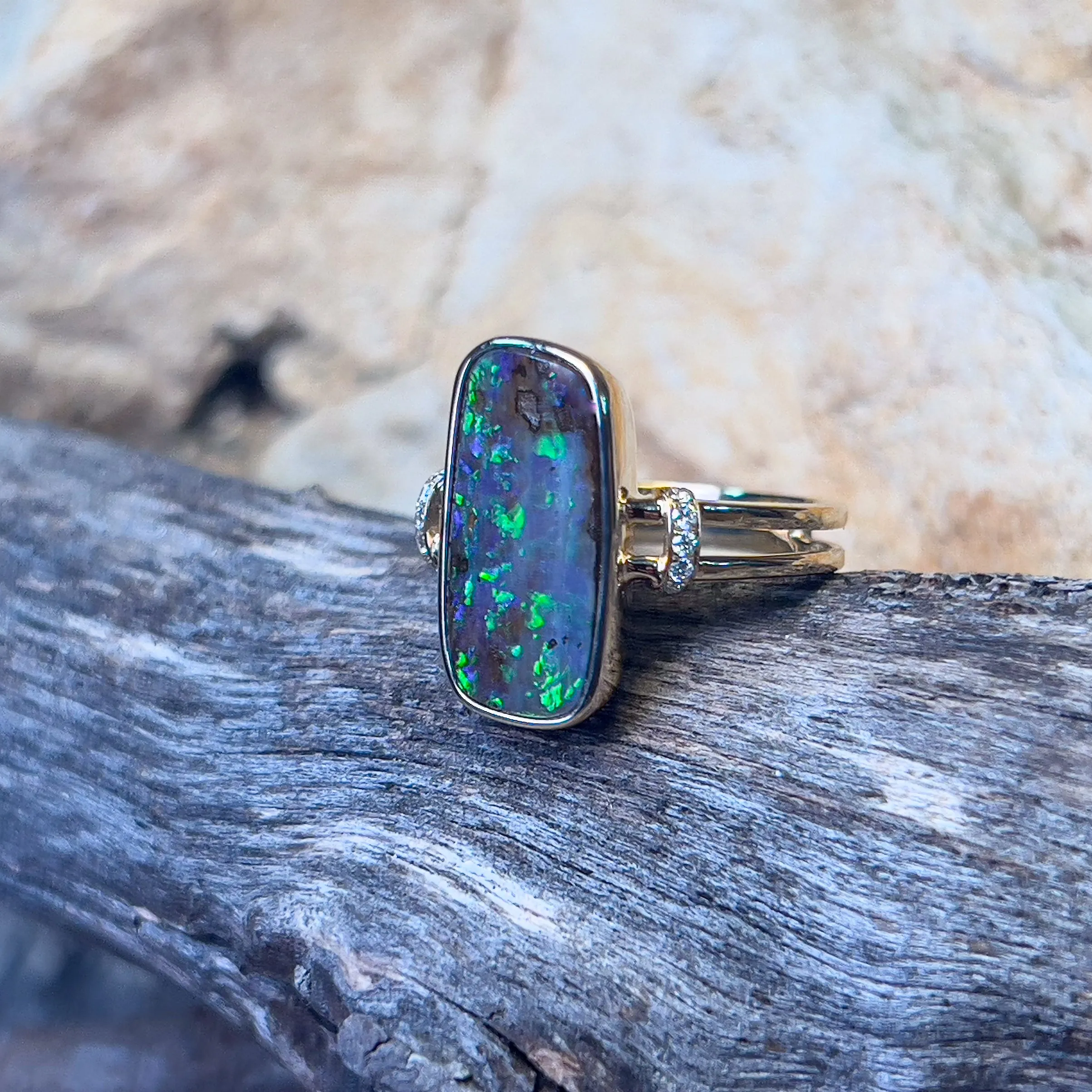 14kt Yellow Gold split shank Boulder Opal 3.98ct and diamond ring