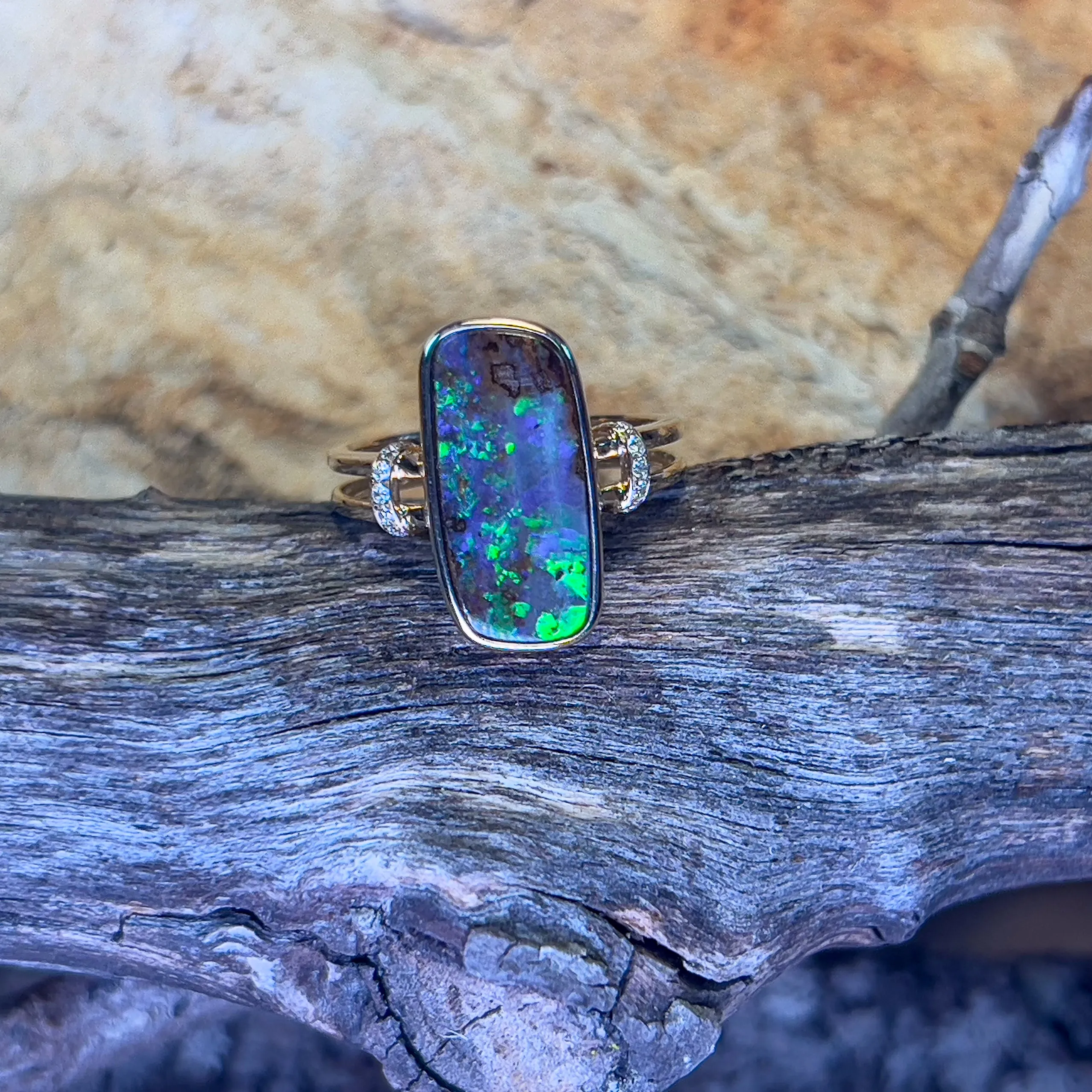14kt Yellow Gold split shank Boulder Opal 3.98ct and diamond ring