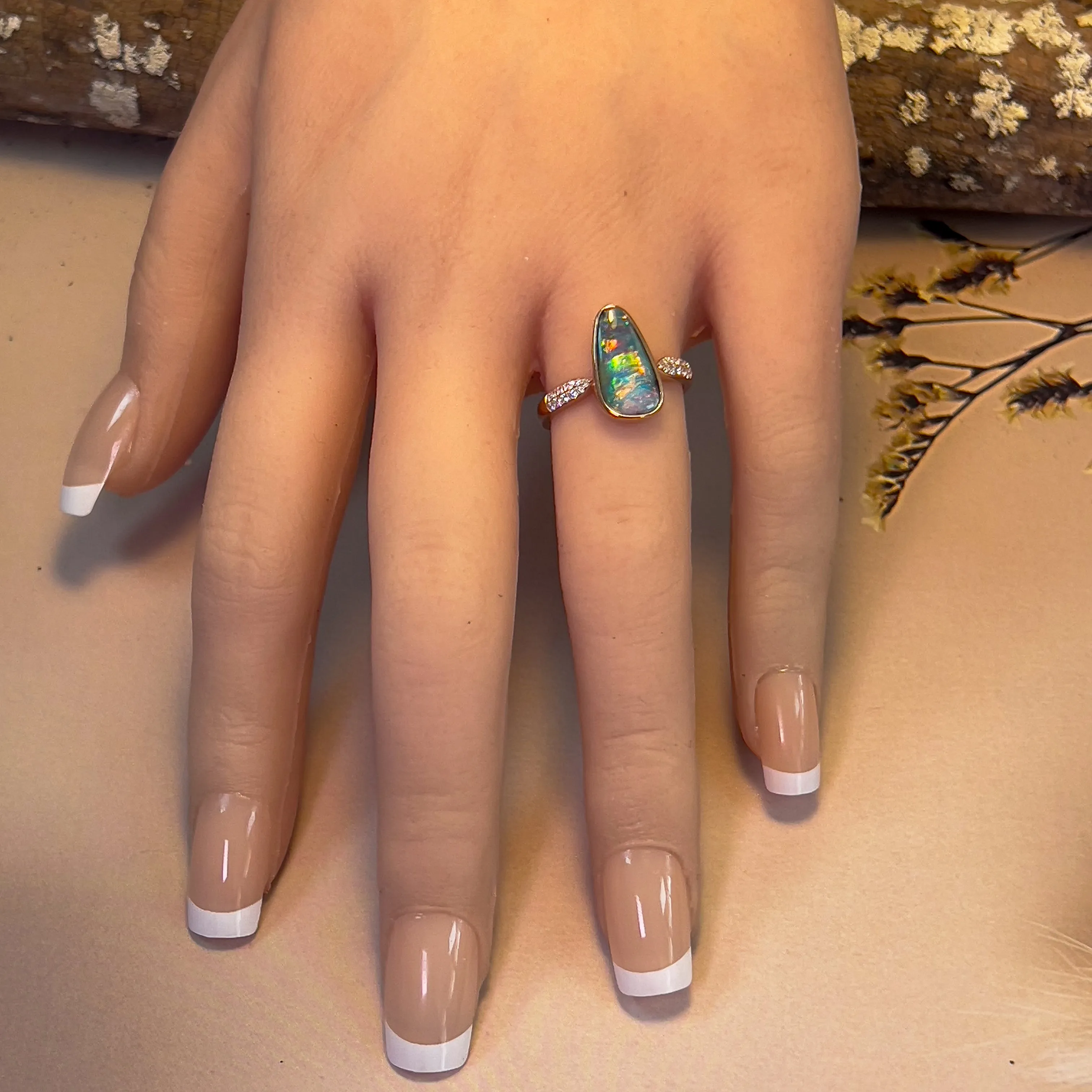 14kt Yellow Gold split shank Boulder Opal 3.98ct and diamond ring