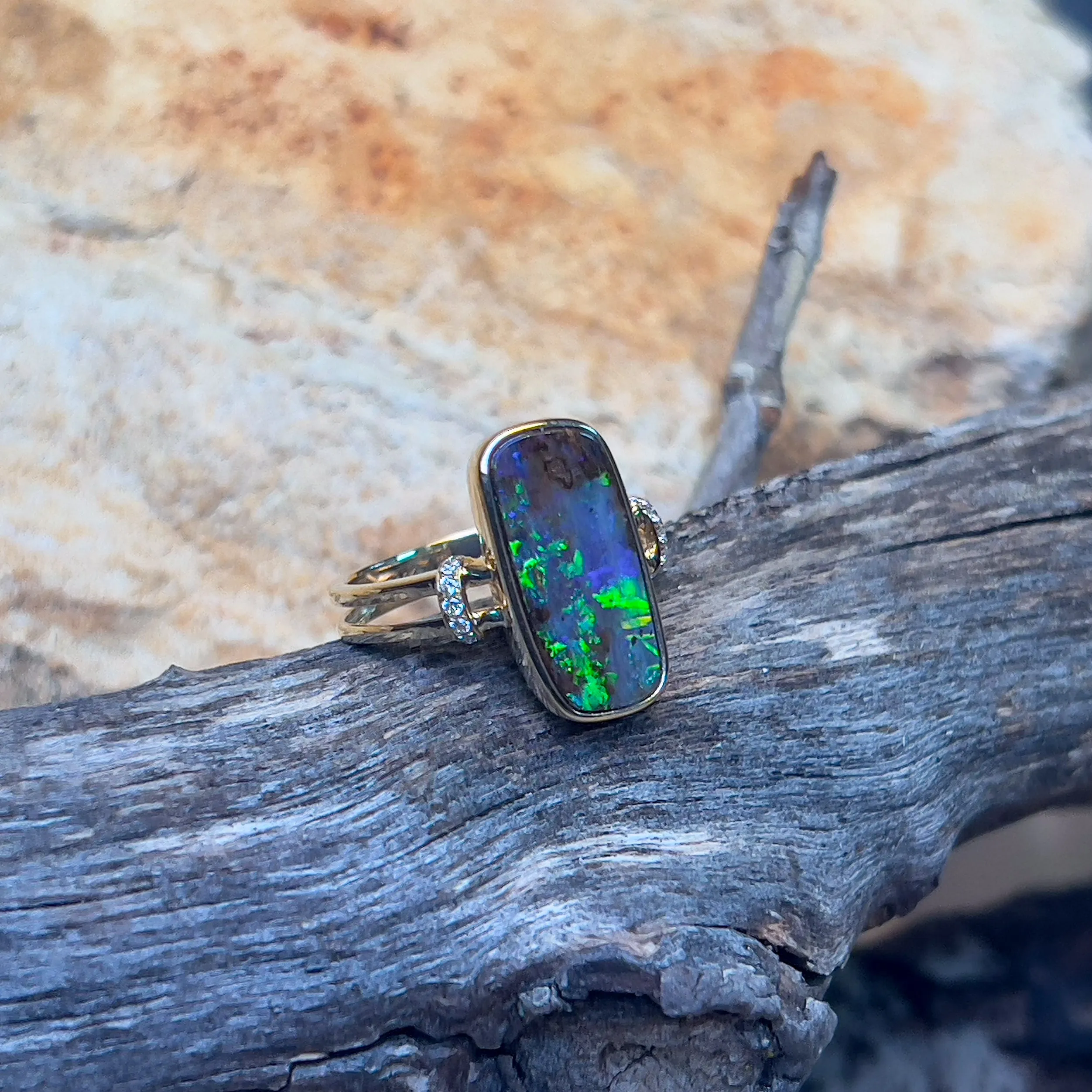 14kt Yellow Gold split shank Boulder Opal 3.98ct and diamond ring