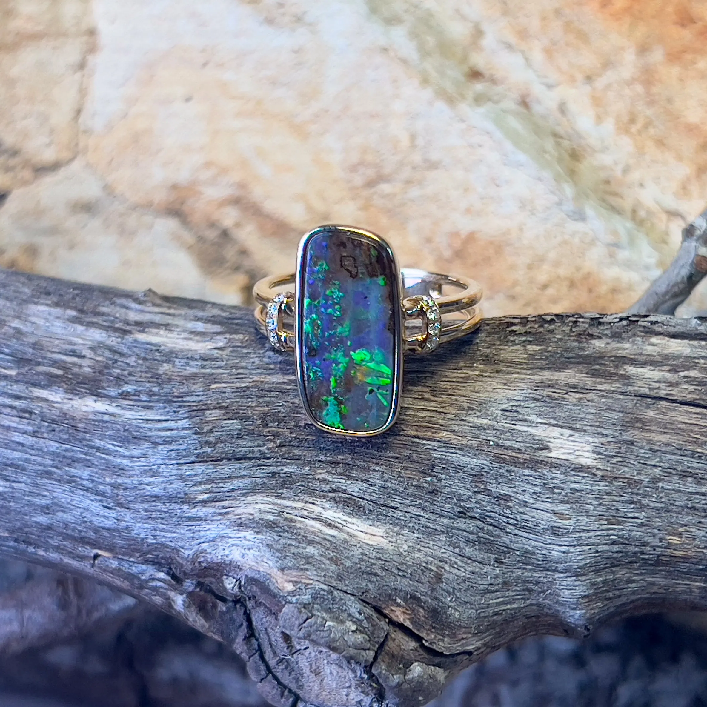 14kt Yellow Gold split shank Boulder Opal 3.98ct and diamond ring