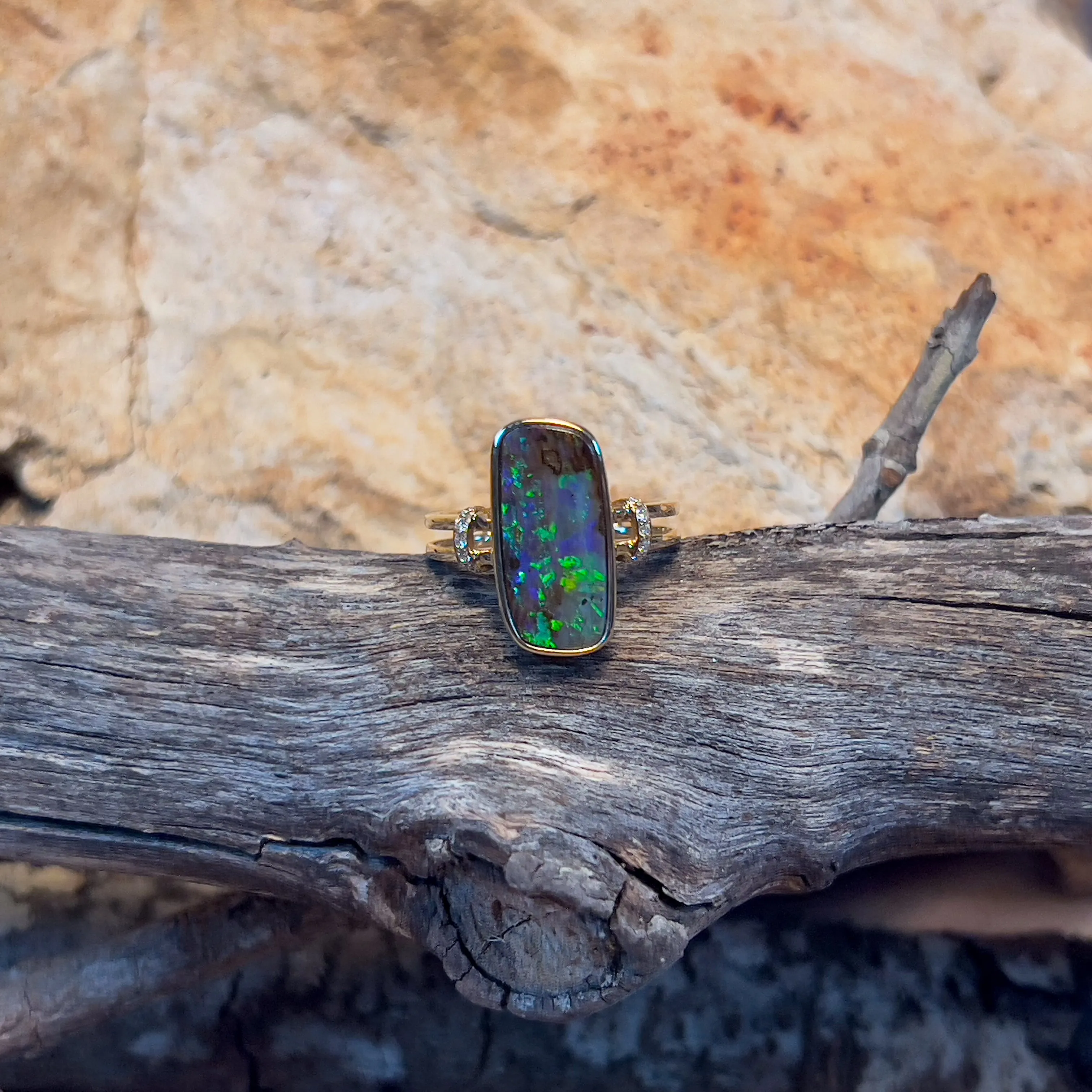 14kt Yellow Gold split shank Boulder Opal 3.98ct and diamond ring