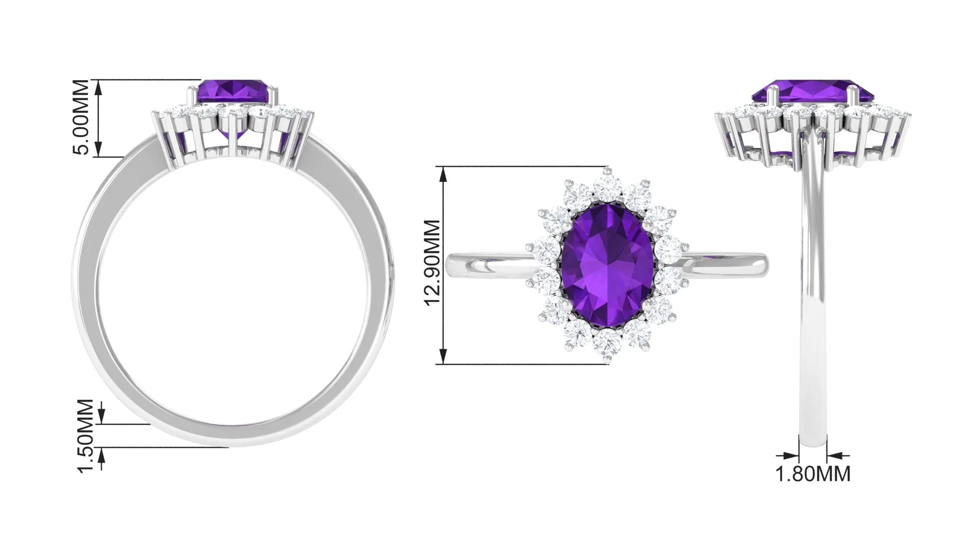 1.5 CT Princess Diana Inspired Amethyst Engagement Ring Diamond Halo
