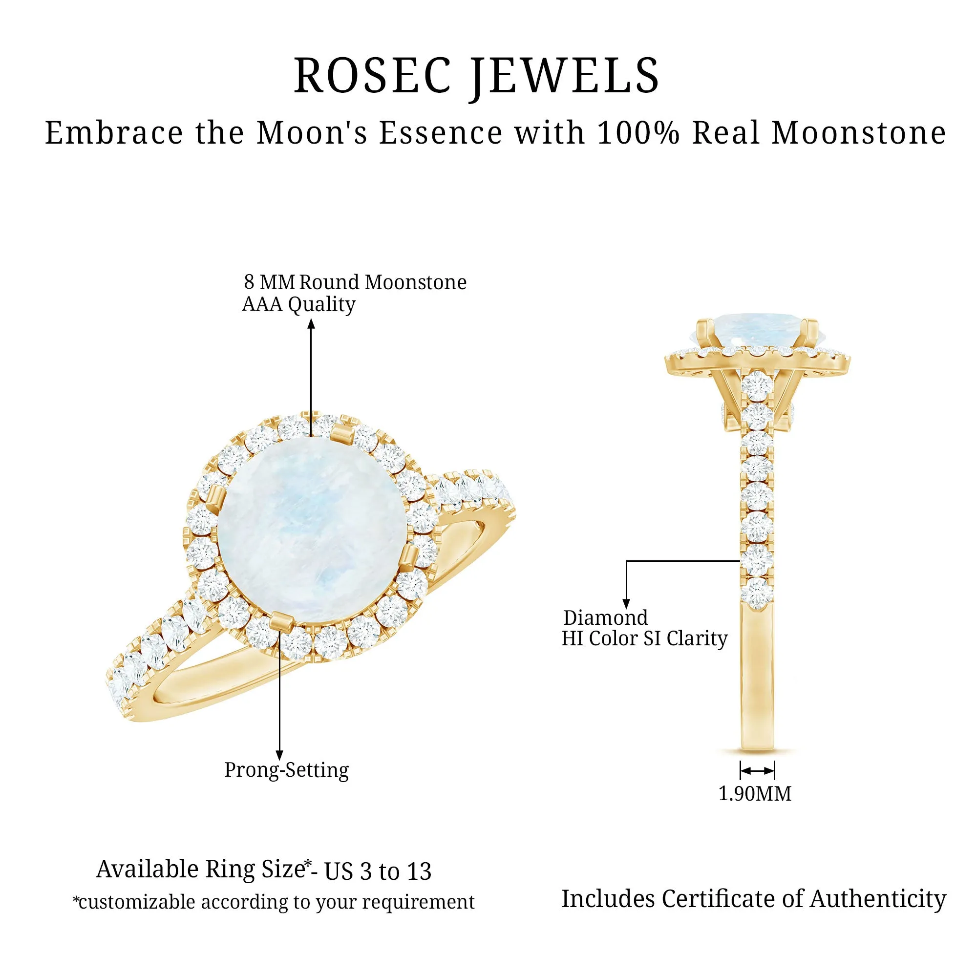 1.75 CT Round Moonstone Halo Engagement Ring with Diamond