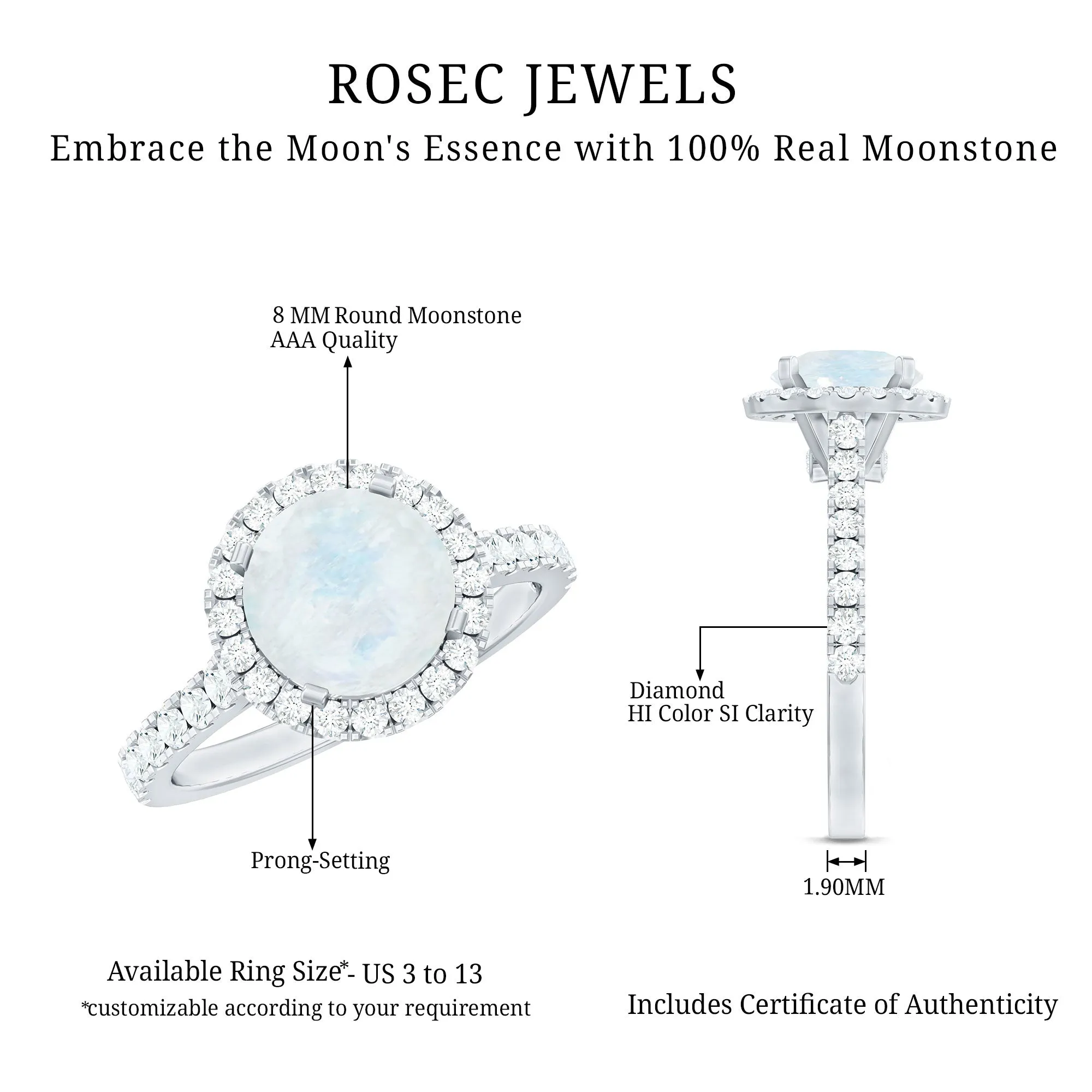1.75 CT Round Moonstone Halo Engagement Ring with Diamond