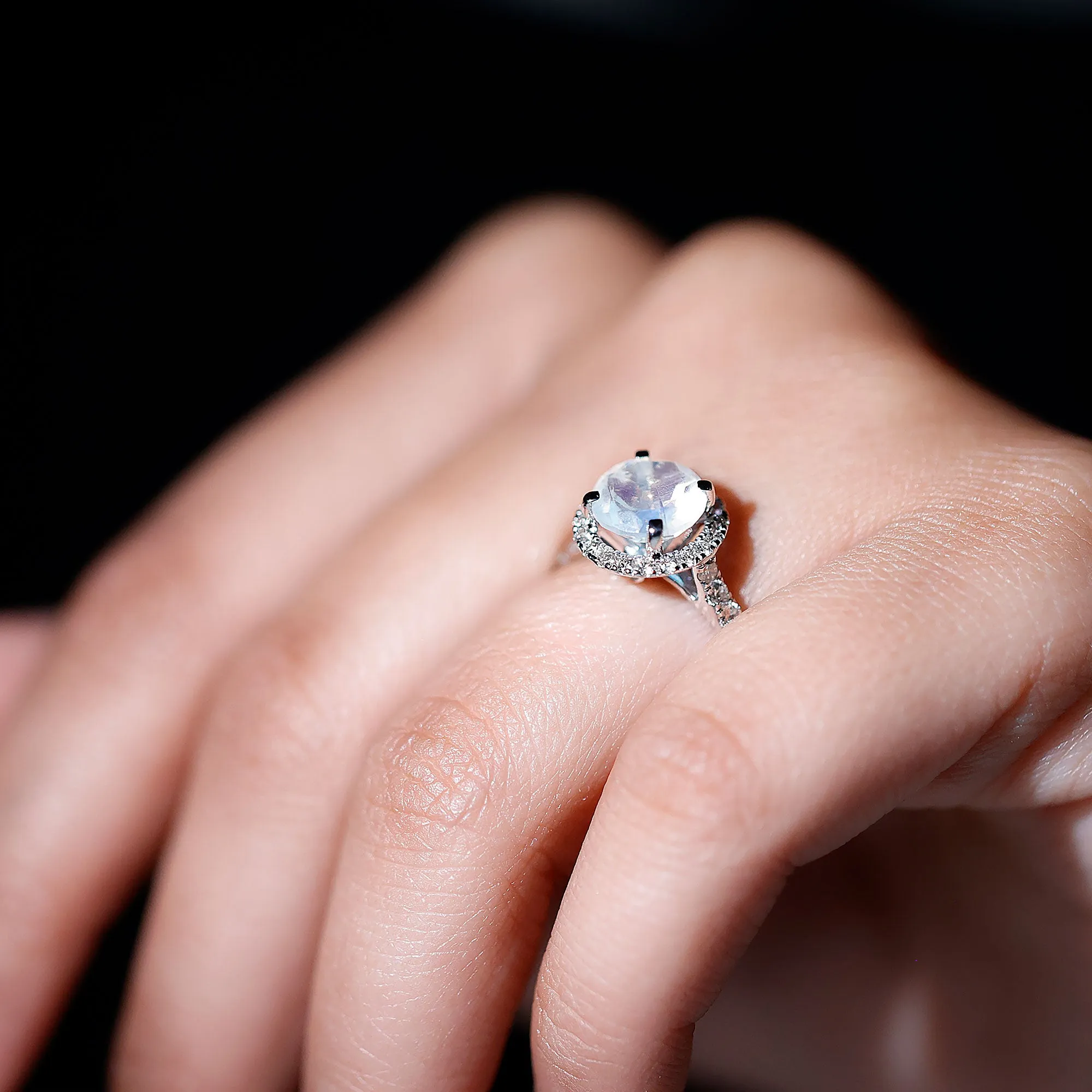 1.75 CT Round Moonstone Halo Engagement Ring with Diamond