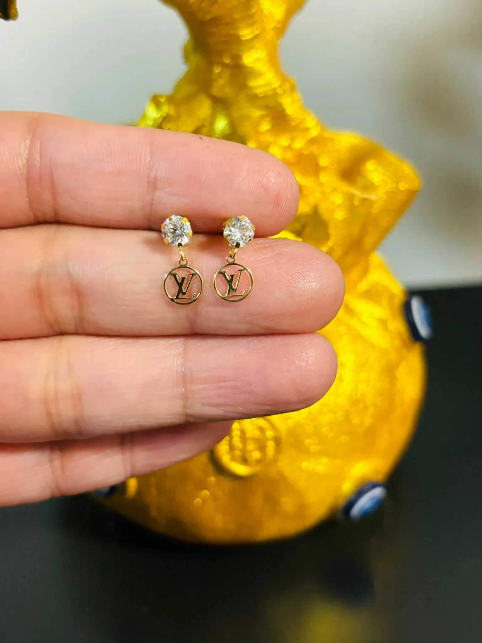 18K Gold Dangling Zircon Stone Earrings
