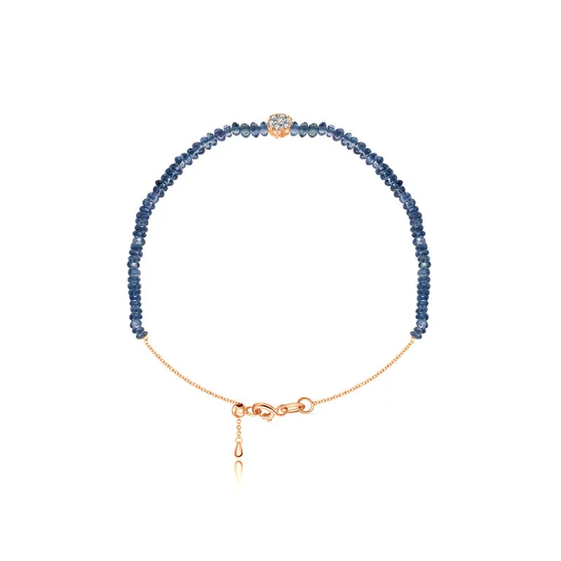 18k Gold Sapphire Beaded with Flower Shape Diamond Bracelet